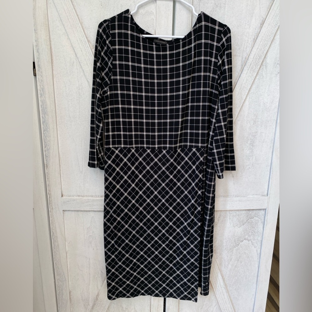 New J Jill Wearever Collection Windowpane Sheath Black Dress Womens L Faux Wrap